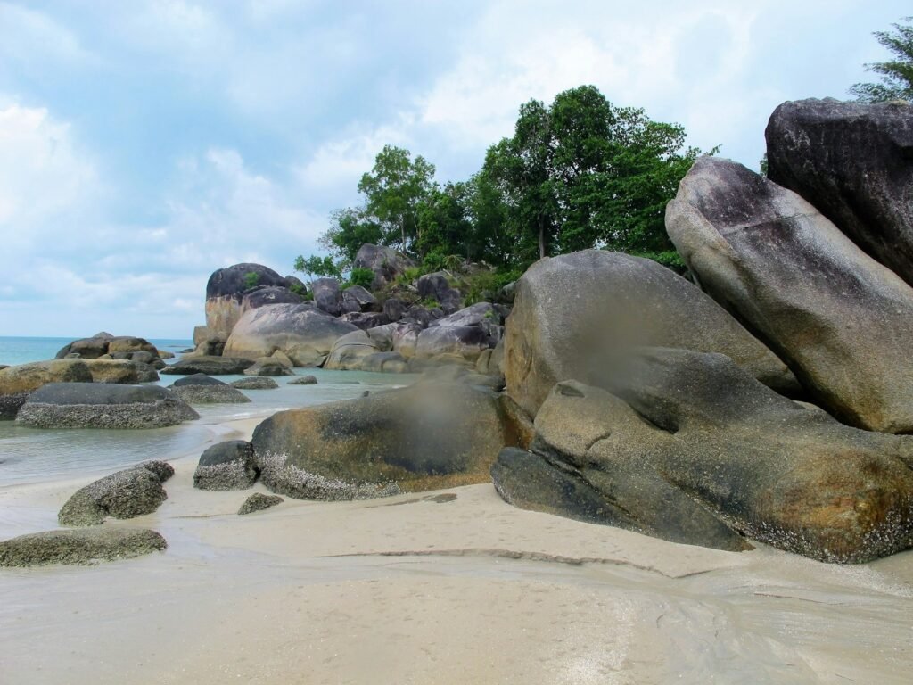 a sandy beach with large rocks and trees in the background
